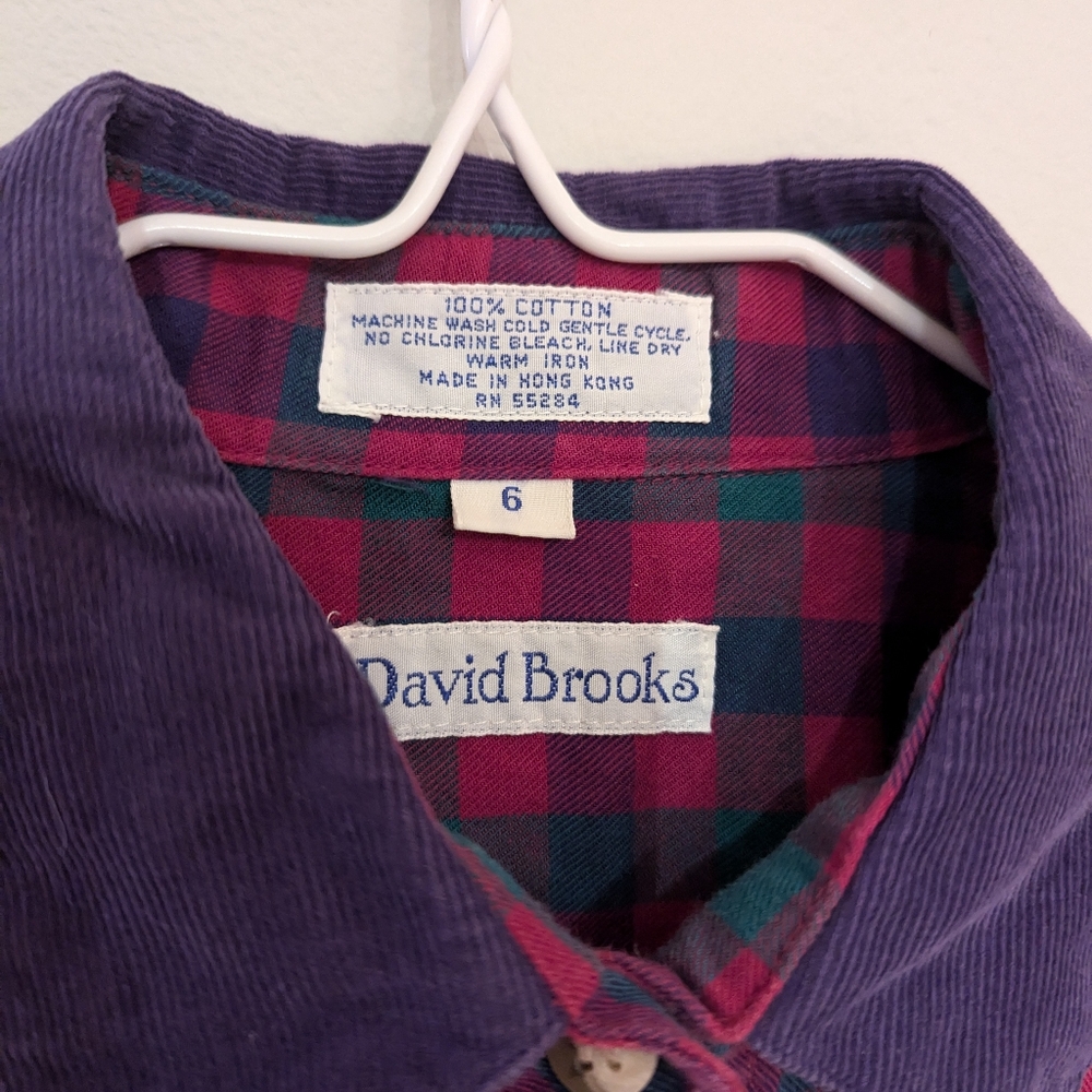 Vintage 90s Plaid Corduroy Collar Button Up Top Women's Medium Pink Purple 182 - Picture 6 of 9